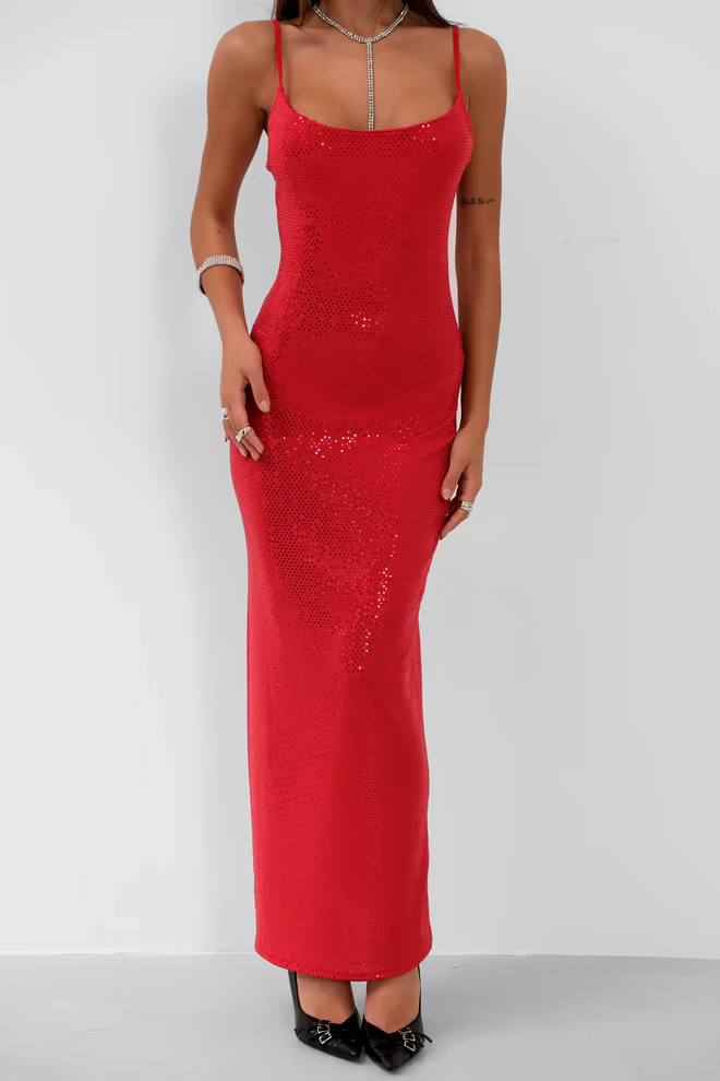 Abito Con Spalline E Dettaglio Spacco - Rosso