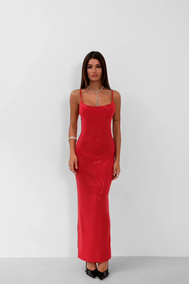 Abito Con Spalline E Dettaglio Spacco - Rosso